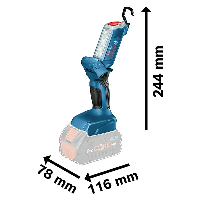 Bosch Professional AMPShare 18V LED-Arbeitsleuchte GLI 18V-300 - 18 V, Ohne Akku, Lichtstrom: 300 lm - Produktbild einer Bosch Akku-Arbeitsleuchte mit Maßen, die die Abmessungen des Geräts zeigen. Die Lampe ist blau mit einem schwarzen Griff.