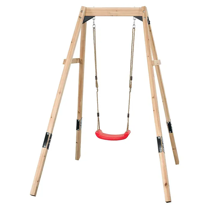 Swing King Schaukel Ollie - B x L: 200 x 130 cm, Holz - Eine freistehende Holzschaukel mit einem roten Sitz, ideal für Kinder, um im Garten Spaß zu haben. Robuste Konstruktion für sicheres Spielen.