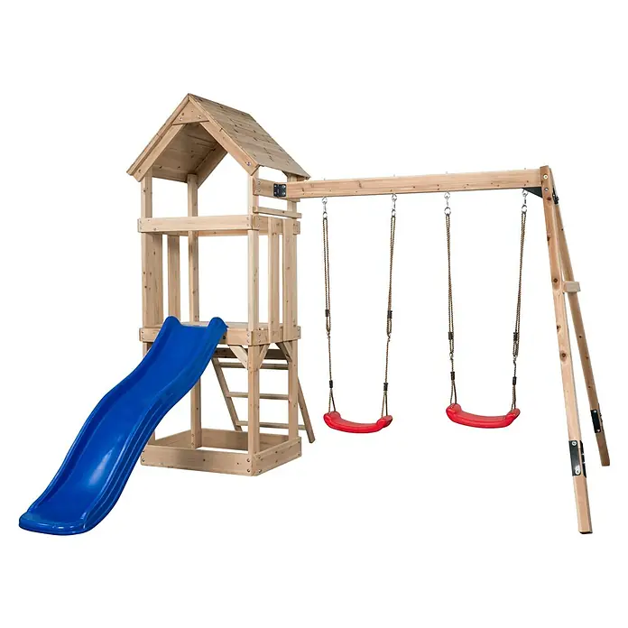 Swing King Kinderspielturm Noa - L x B x H: 280 x 265 x 235 cm, Blau - Holzspielplatz mit blauer Rutsche und drei roten Schaukeln.