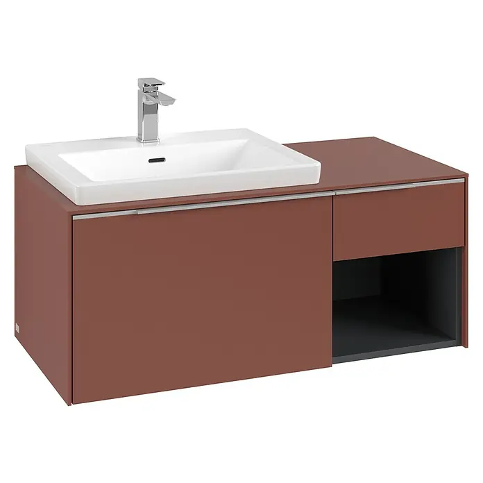 Villeroy & Boch Subway 3.0 Waschbeckenunterschrank - Wine Red, Anzahl Schubladen: 2 Stk., Farbe Griff: Aluminium glänzend, B x T x H: 100,1 x 51,6 x 42,3 cm, Offenes Fach rechts - Rostbrauner Badunterschrank mit weißem Keramikwaschbecken, Chromarmatur, Schublade und offenem Fach.