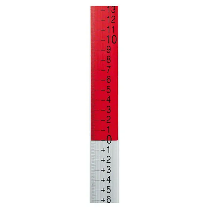 Bosch Professional Messlatte GR 240 - Arbeitshöhe: 2,4 m - Rotes und weißes Messband mit negativen Zahlen (-13 bis 0) auf Rot und positiven Zahlen (0 bis +6) auf Weiß.