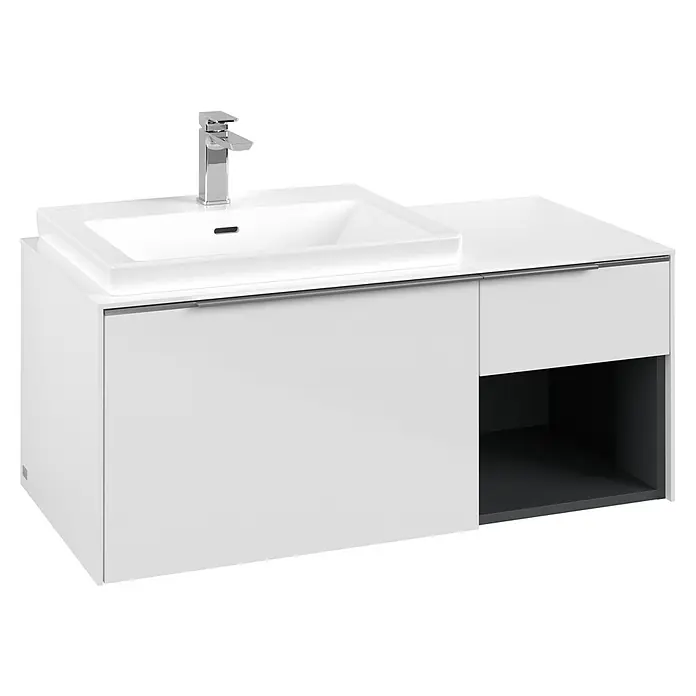 Villeroy & Boch Subway 3.0 Waschbeckenunterschrank - Brilliant White, Anzahl Schubladen: 2 Stk., Farbe Griff: Aluminium glänzend, B x T x H: 100,1 x 51,6 x 42,3 cm, Offenes Fach rechts - Weißer Badunterschrank mit integriertem Waschbecken, Chromarmatur, geschlossenem Stauraum und offenem dunkelgrauem Regal.
