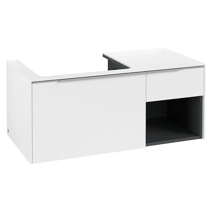 Villeroy & Boch Subway 3.0 Waschbeckenunterschrank - Pure White, Anzahl Schubladen: 2 Stk., Farbe Griff: Aluminium glänzend, B x T x H: 100,1 x 51,6 x 42,3 cm, Offenes Fach rechts - Modernes Hängewaschbeckenunterschrank in Weiß-Dunkelgrau mit integriertem Beckenausschnitt, Schublade und offenem Fach.