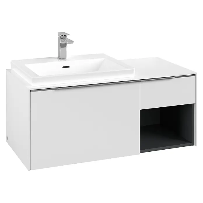 Villeroy & Boch Subway 3.0 Waschbeckenunterschrank - Pure White, Anzahl Schubladen: 2 Stk., Farbe Griff: Aluminium glänzend, B x T x H: 100,1 x 51,6 x 42,3 cm, Offenes Fach rechts - Weißer Badunterschrank mit integriertem Waschbecken, Chromarmatur und offenem grauen Regal.