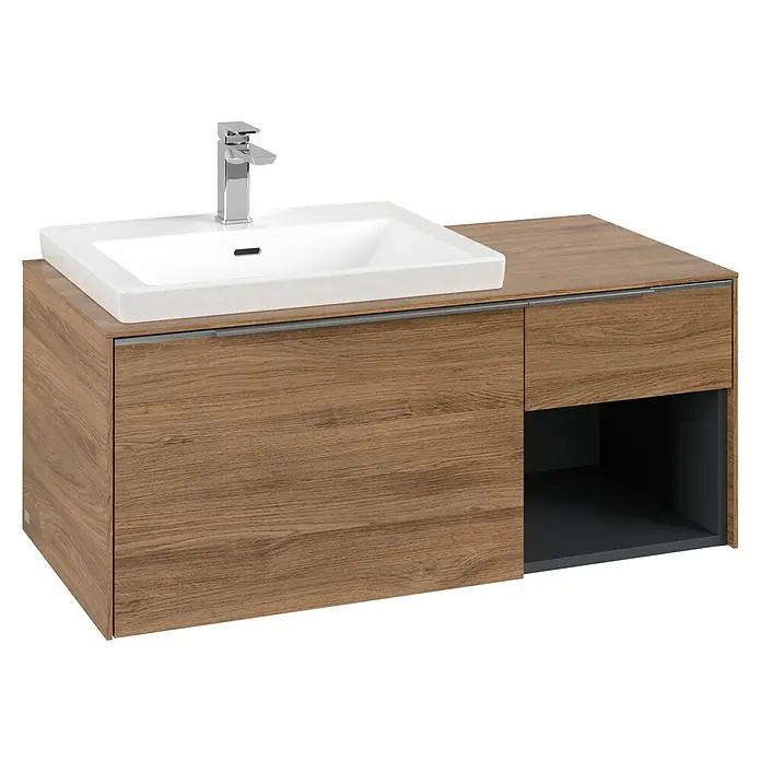 Villeroy & Boch Subway 3.0 Waschbeckenunterschrank - Kansas Oak, Anzahl Schubladen: 2 Stk., Farbe Griff: Aluminium glänzend, B x T x H: 100,1 x 51,6 x 42,3 cm, Offenes Fach rechts - Brauner Holzoptik-Waschtisch mit weißem Keramikwaschbecken, Chromarmatur, Schubladen und offenem Fach.