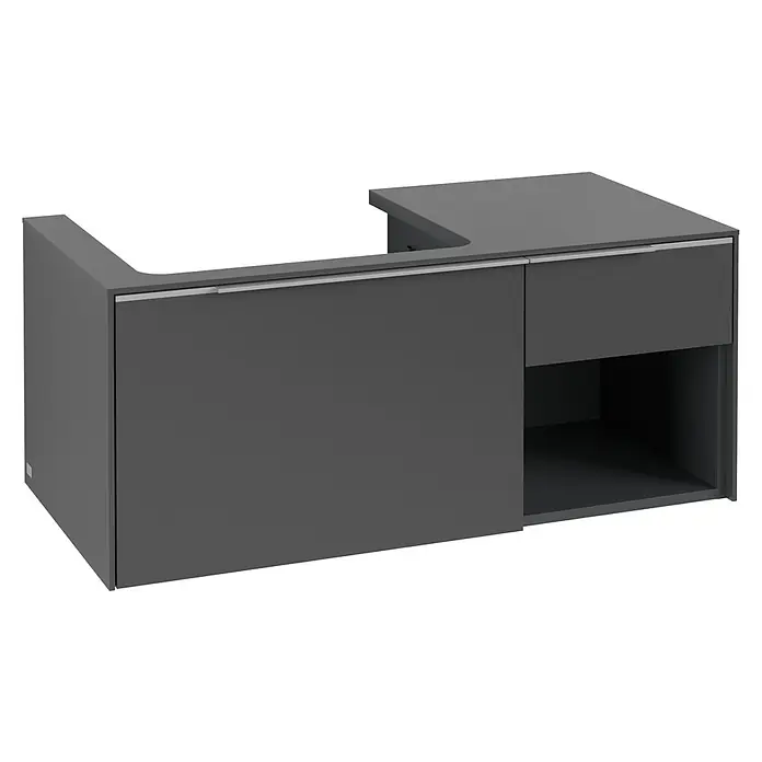 Villeroy & Boch Subway 3.0 Waschbeckenunterschrank - Graphite, Anzahl Schubladen: 2 Stk., Farbe Griff: Aluminium glänzend, B x T x H: 100,1 x 51,6 x 42,3 cm, Offenes Fach rechts - Dunkelgrauer L-förmiger Badunterschrank mit Waschtischausschnitt, langer Schublade und offenem Fach.