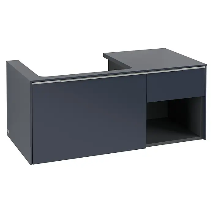 Villeroy & Boch Subway 3.0 Waschbeckenunterschrank - Marine Blue, Anzahl Schubladen: 2 Stk., Farbe Griff: Aluminium glänzend, B x T x H: 100,1 x 51,6 x 42,3 cm, Offenes Fach rechts - Dunkelgrauer Eckunterschrank mit Arbeitsplattenausschnitt, großer Tür, Schublade und offenem Regalfach.