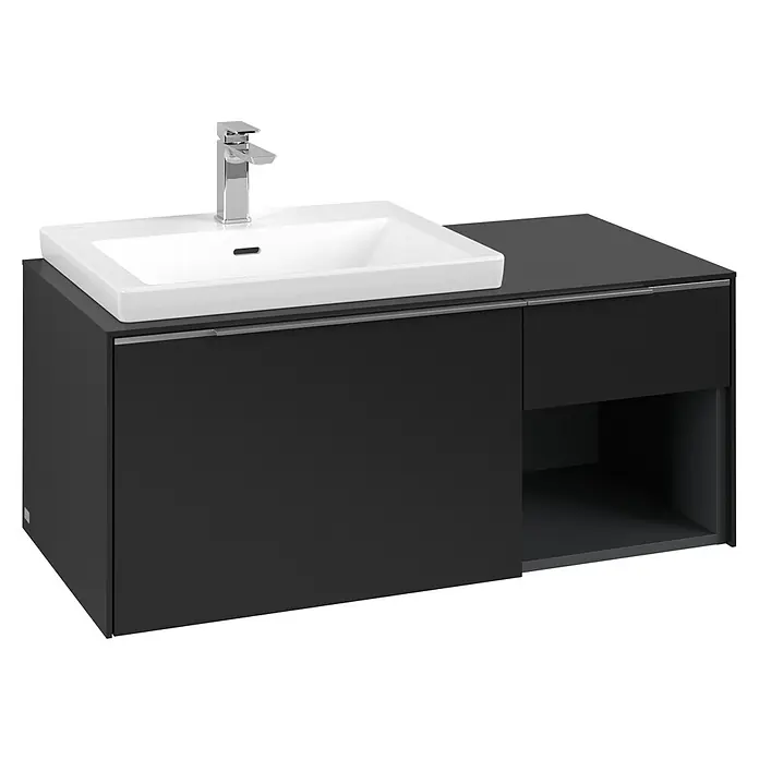 Villeroy & Boch Subway 3.0 Waschbeckenunterschrank - Volcano Black, Anzahl Schubladen: 2 Stk., Farbe Griff: Aluminium glänzend, B x T x H: 100,1 x 51,6 x 42,3 cm, Offenes Fach rechts - Moderner dunkelgrauer Badunterschrank mit weißem Keramikwaschbecken, Chromarmatur und integriertem offenem Regal.