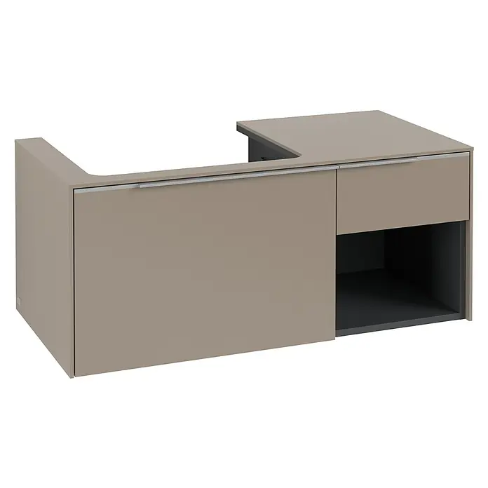 Villeroy & Boch Subway 3.0 Waschbeckenunterschrank - Taupe, Anzahl Schubladen: 2 Stk., Farbe Griff: Aluminium glänzend, B x T x H: 100,1 x 51,6 x 42,3 cm, Offenes Fach rechts - Taupe L-förmiger Badunterschrank mit integriertem Waschtisch-Ausschnitt, zwei Schubladen und offenem Staufach.