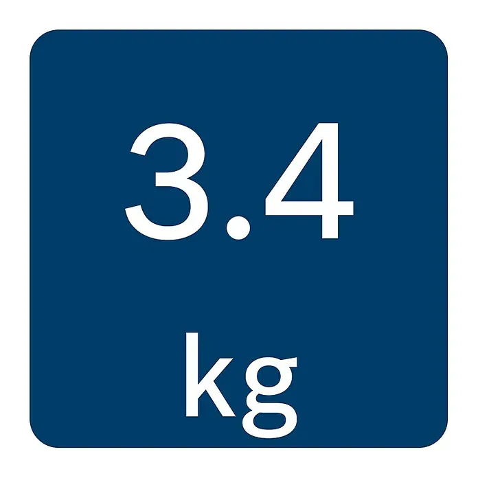 Bosch Professional Stativ BT 160 - Arbeitshöhe: 97 cm - 160 cm, Stativ-Gewinde: ⁵⁄₈″ - Das blaue Symbol zeigt ein Gewicht von 3,4 kg, das für das Produkt relevant ist und seine Handhabung erleichtert.