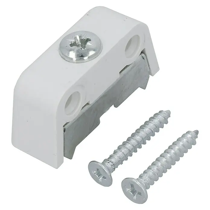 Suki Korpusverbinder - L x B x H: 37 x 15 x 11 mm, Weiß - Nahaufnahme einer weißen Fensterverriegelung mit Schrauben, die ein sicheres und zuverlässiges Zuhause gewährleistet.