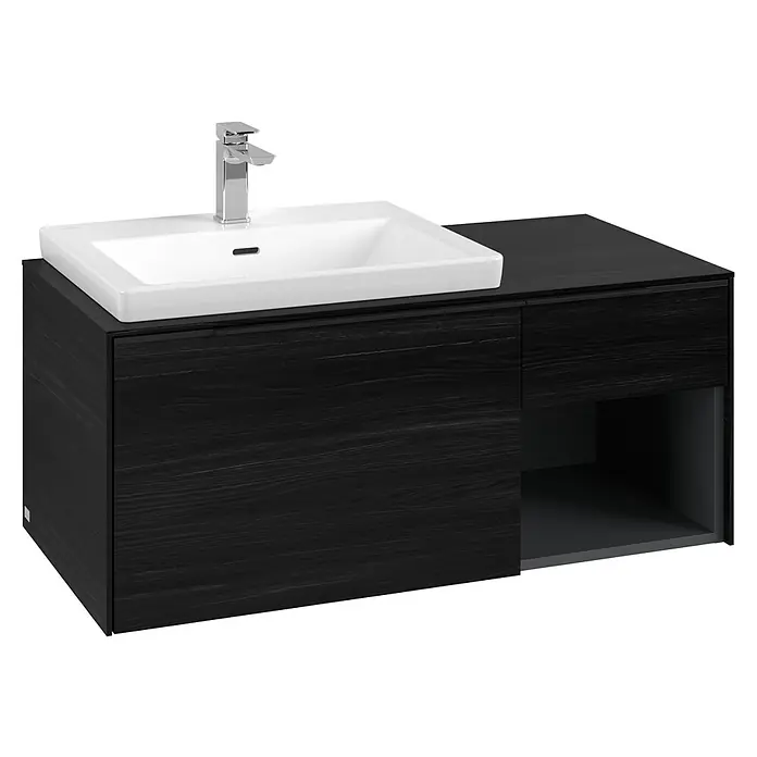 Villeroy & Boch Subway 3.0 Waschbeckenunterschrank - Black Oak, Anzahl Schubladen: 2 Stk., Farbe Griff: Volcano Black, B x T x H: 100,1 x 51,6 x 42,3 cm, Offenes Fach rechts - Dunkler Holzwaschtisch mit weißem Rechteckwaschbecken und Chromarmatur.