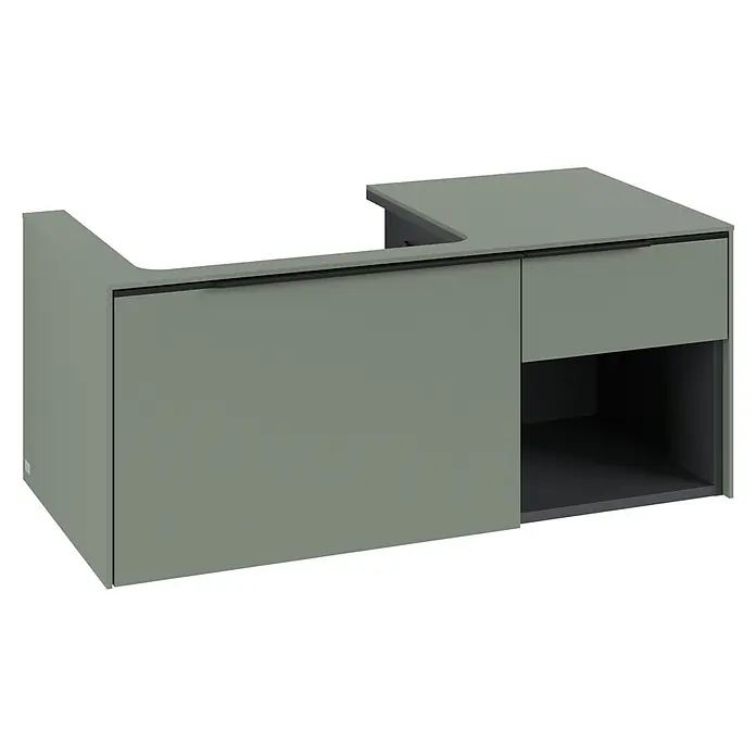 Villeroy & Boch Subway 3.0 Waschbeckenunterschrank - Soft Green, Anzahl Schubladen: 2 Stk., Farbe Griff: Volcano Black, B x T x H: 100,1 x 51,6 x 42,3 cm, Offenes Fach rechts - Modernes graugrünes L-förmiges Waschbeckenunterschrank mit integrierten Griffen und offenem Stauraum.
