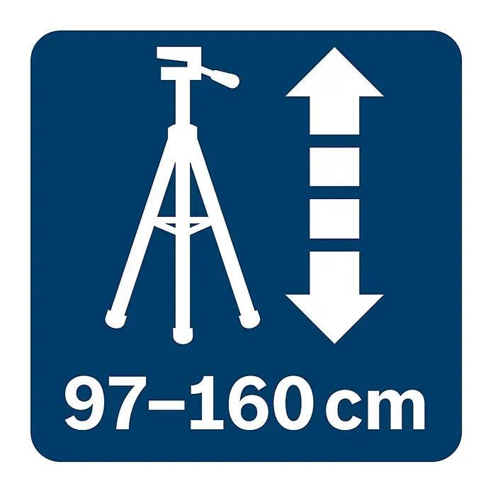 Bosch Professional Stativ BT 160 - Arbeitshöhe: 97 cm - 160 cm, Stativ-Gewinde: ⁵⁄₈″ - Symbol für ein Stativ, dessen Höhe zwischen 97 und 160 cm verstellbar ist. Das blaue Piktogramm ist mit weißen Symbolen dargestellt.