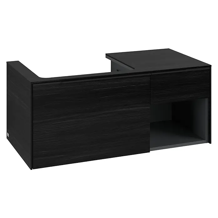 Villeroy & Boch Subway 3.0 Waschbeckenunterschrank - Black Oak, Anzahl Schubladen: 2 Stk., Farbe Griff: Volcano Black, B x T x H: 100,1 x 51,6 x 42,3 cm, Offenes Fach rechts - Schwarzer Waschtischunterschrank in Holzoptik, L-förmig, mit Schubladen und offenem Fach.