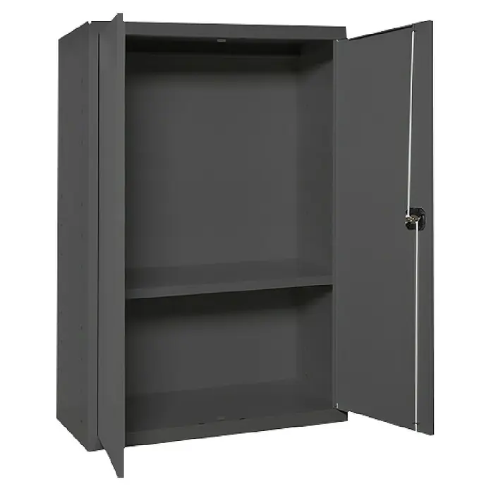 Regalux Armario multiusos metálico - L x An x Al: 40 x 80 x 90 cm, Antracita - La imagen muestra un armario de almacenamiento gris con una puerta abierta, revelando un estante, ideal para organizar objetos de manera eficiente.