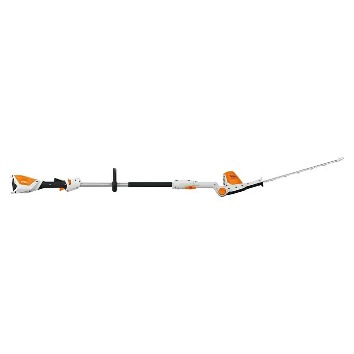 Stihl Teleskop-Heckenschere HLA 56 - Li-Ionen, Anzahl Akkus: Ohne Akku, Schnittlänge: 45 cm - Langer Stihl Heckenschneider in Weiß-Orange mit schwarzen Griffen und langem Schneidmesser.