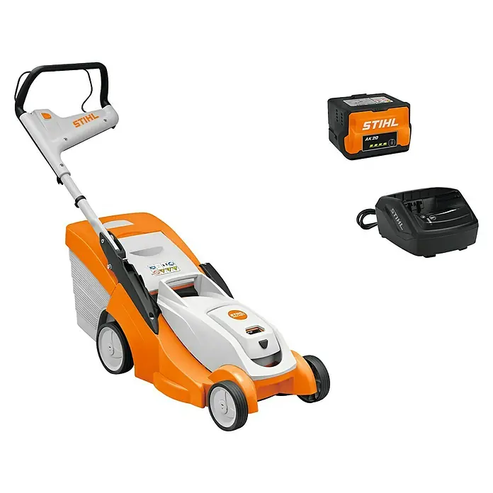 Stihl AK Akku-Rasenmäher RMA 239C - 36 V, 1 Akku, 4 Ah, Schnittbreite: 370 mm - Stihl orange-weißer Akku-Rasenmäher mit schwarzer und oranger AK 20 Batterie und schwarzem Ladegerät.