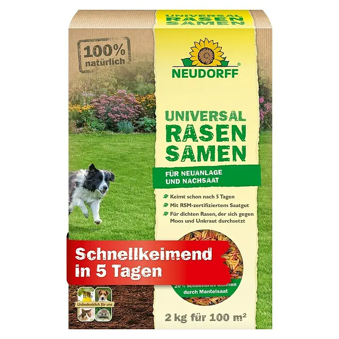 Neudorff Rasensamen Universal - 2 kg, 100 m² - Abbildung einer 2 kg Packung Neudorff Universal Rasensamen, die schnelles Keimen in 5 Tagen verspricht.
