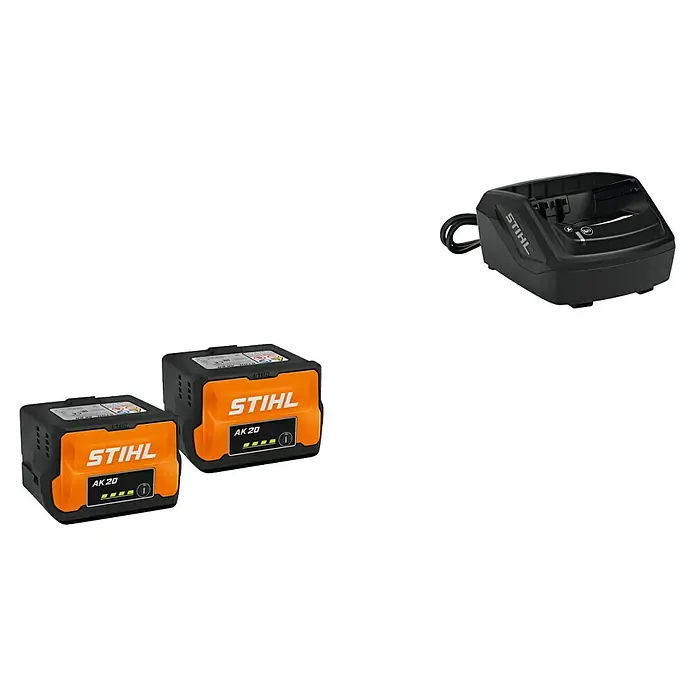 Stihl AK Akku-Set 20 Plus - 36 V, 4 Ah, Li-Ionen, 2 Akkus - Zwei schwarz-orange Stihl AK 20 Akkus und ein schwarzes Stihl Ladegerät.