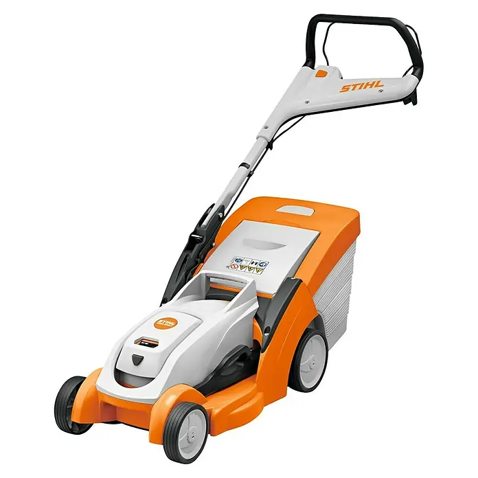 Stihl AK Akku-Rasenmäher RMA 239C - 36 V, Ohne Akku, Schnittbreite: 370 mm - Stihl Akku-Rasenmäher in Weiß und Orange mit schwarzen Akzenten, mit Heckfangkorb und klappbarem Griff.