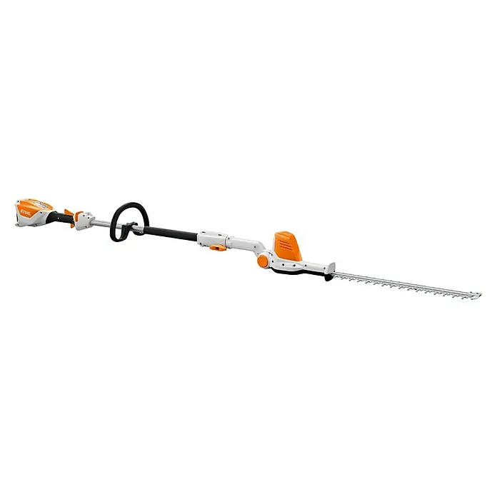 Stihl Teleskop-Heckenschere HLA 56 - Li-Ionen, Anzahl Akkus: Ohne Akku, Schnittlänge: 45 cm - Stihl Langstiel-Heckenschere mit weiß-orangem Gehäuse, schwarzem Griff und silberner Schneide.