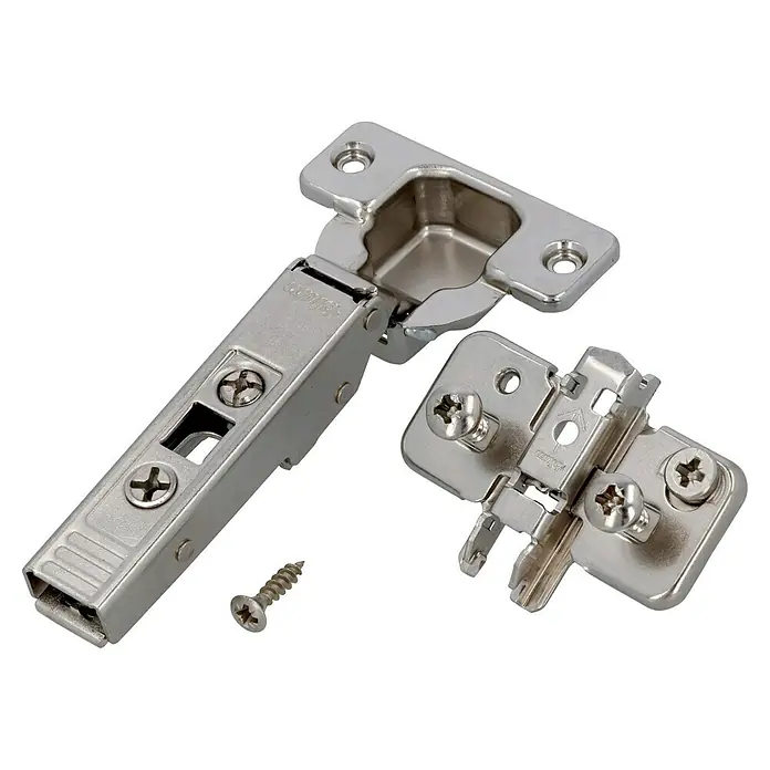 Topfscharnier - Eckanschlag, Durchmesser Topf: 35 mm, Öffnungswinkel: 110 ° - Detailaufnahme eines Möbelscharniers mit Montageplatte und Schraube, ideal für Möbelbau und Reparaturen. Präzise Verarbeitung für einfache Montage.