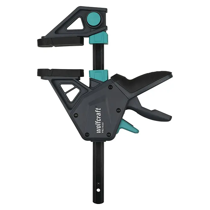 Wolfcraft Einhandzwinge Pro Max - Spannweite: 150 mm, Ausladung: 110 mm - Dunkelgraue und türkisfarbene Wolfcraft Pro Max Einhandzwinge mit schwarzen Polstern, für schnelles Spannen oder Spreizen.