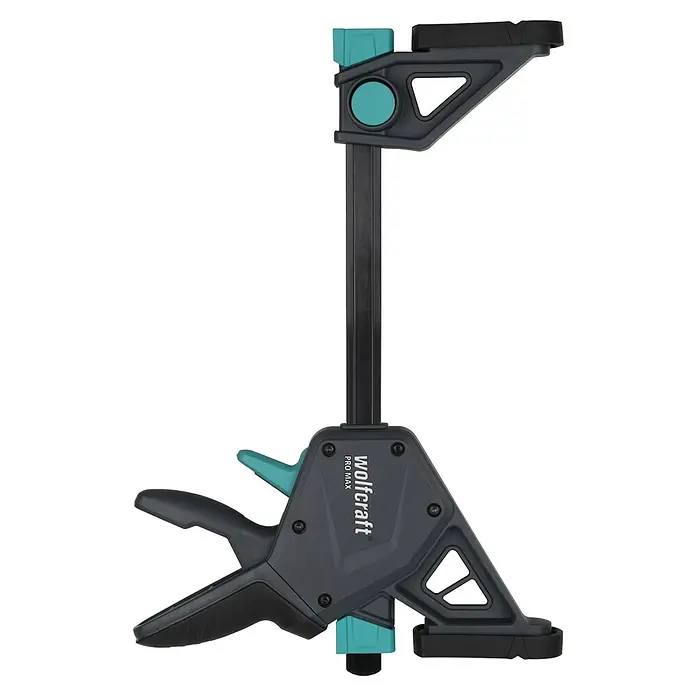 Wolfcraft Einhandzwinge Pro Max - Spannweite: 150 mm, Ausladung: 110 mm - Graue und schwarze Wolfcraft PRO MAX Einhandzwinge mit türkisen Bedienelementen.