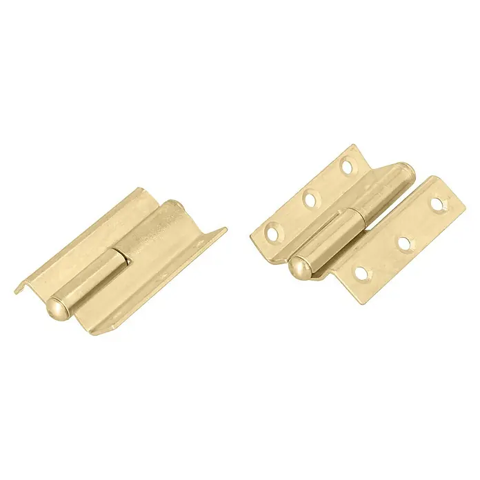 Suki Türband - L x B: 50 x 8 mm, Stahl - Zwei goldfarbene Messingscharniere, eines teilweise geschlossen, eines offen, mit Schraublöchern.