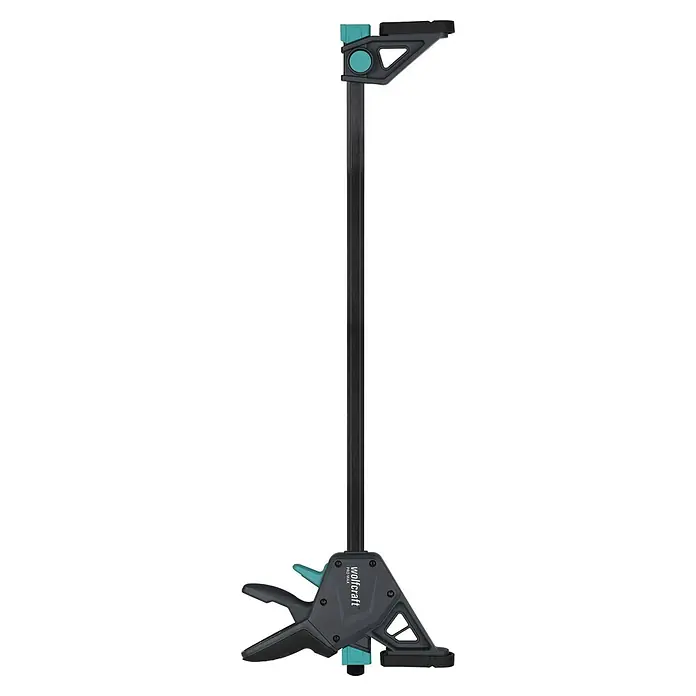 Wolfcraft Einhandzwinge Pro Max - Spannweite: 450 mm, Ausladung: 110 mm - Schwarze und türkisfarbene Wolfcraft PRO MAX Einhandzwinge mit langer Schiene und ergonomischem Abzug.