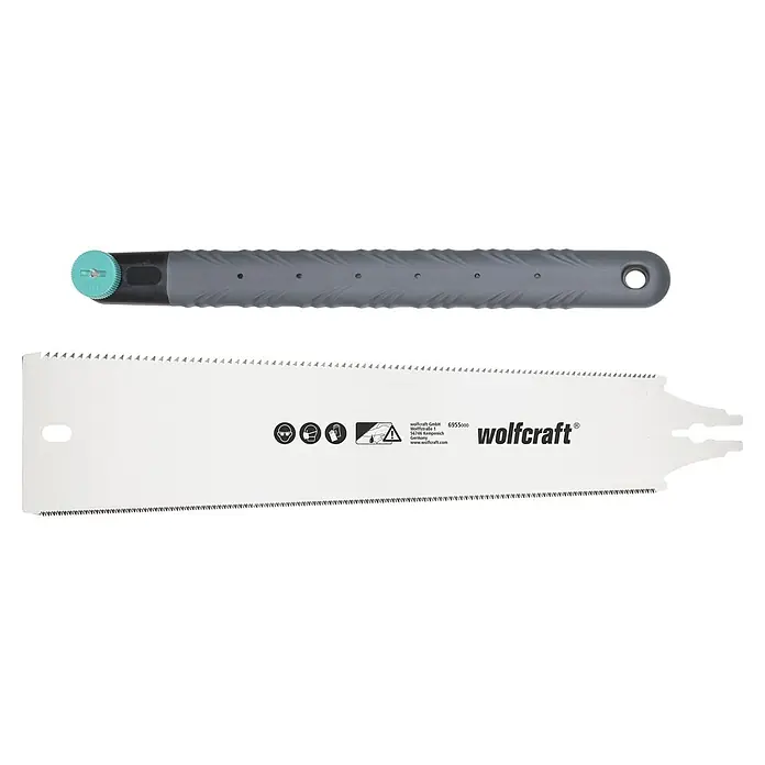 Wolfcraft Japansäge - Blattlänge: 330 mm - Grauer Sägegriff mit grünem Drehknopf und silbernes Sägeblatt mit zweiseitiger Verzahnung.