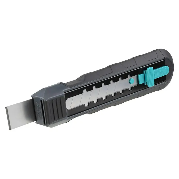 Wolfcraft Schabermesser Dual - Typ Griff: 2K - Ein graues und schwarzes Teppichmesser mit ausziehbarer türkiser Schiebetaste und segmentierter Silberklinge.