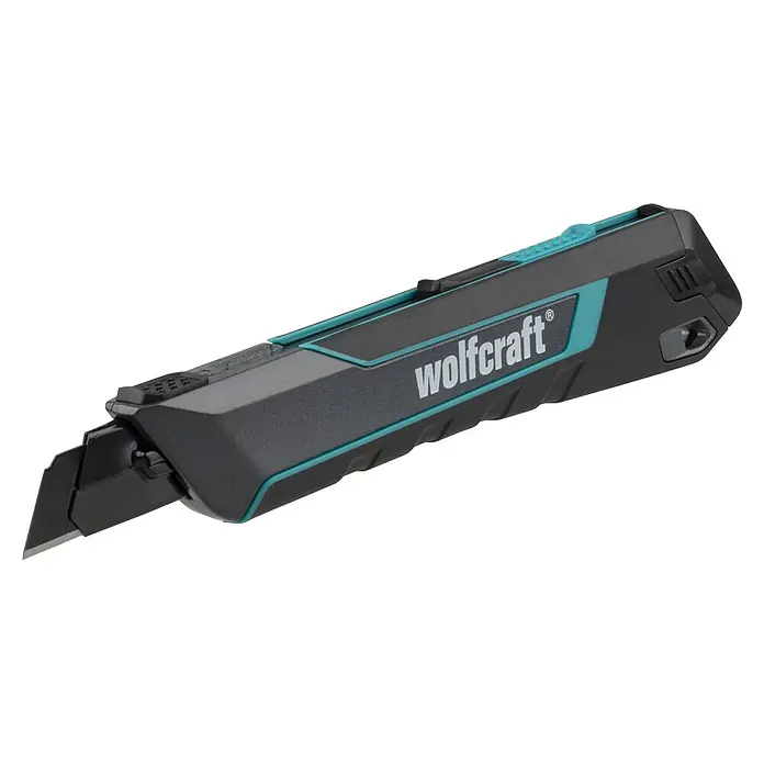 Wolfcraft Cuttermesser Pro Safety - Abbrechklinge, Klingenlänge: 18 mm - Graues und türkises Wolfcraft Cuttermesser mit ausgefahrener, schnittbereiter Klinge.