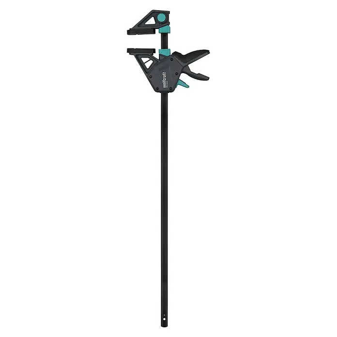 Wolfcraft Einhandzwinge Pro Max - Spannweite: 700 mm, Ausladung: 110 mm - Schwarze und türkise Wolfcraft PRO MAX Einhand-Balkenzwinge zum Spannen von Werkstücken.