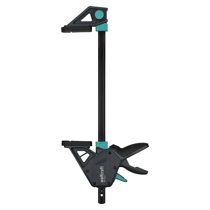 Wolfcraft Einhandzwinge Pro Max - Spannweite: 300 mm, Ausladung: 110 mm - Schwarz-türkise Einhandzwinge, ideal für Holzbearbeitung und sicheres Halten von Materialien.