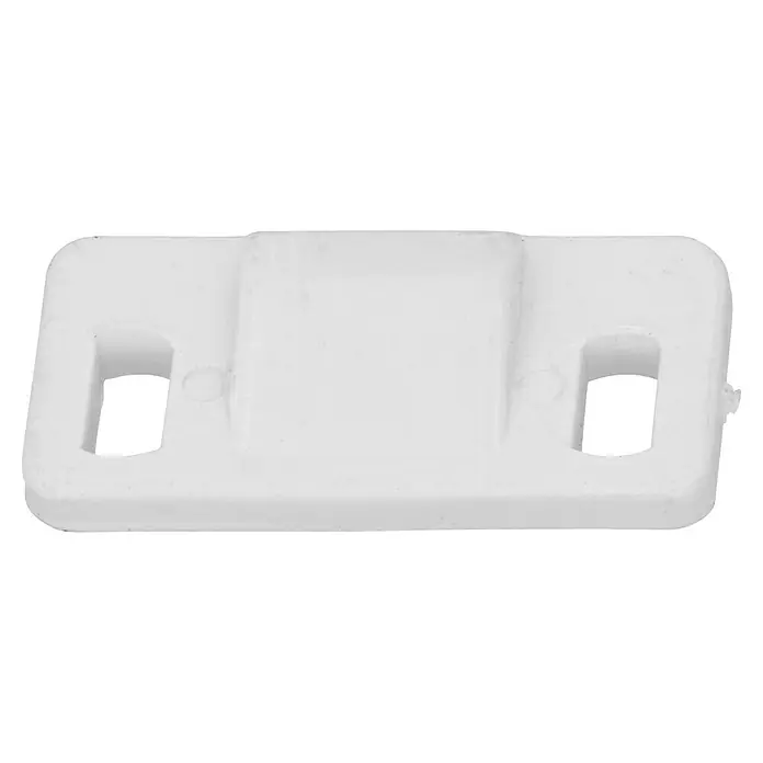 Häfele Anschlag - L x B x H: 28 x 14 x 5 mm, Kunststoff, Weiß - Nahaufnahme einer weißen Halterung mit rechteckiger Form, die zwei Löcher und eine Erhebung in der Mitte aufweist.