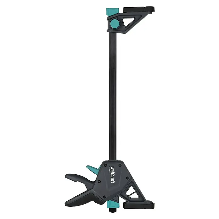 Wolfcraft Einhandzwinge Pro Max - Spannweite: 300 mm, Ausladung: 110 mm - Wolfcraft PRO MAX Einhandzwinge in Schwarz und Türkis, ein vielseitiges Werkzeug zum Sichern von Materialien.