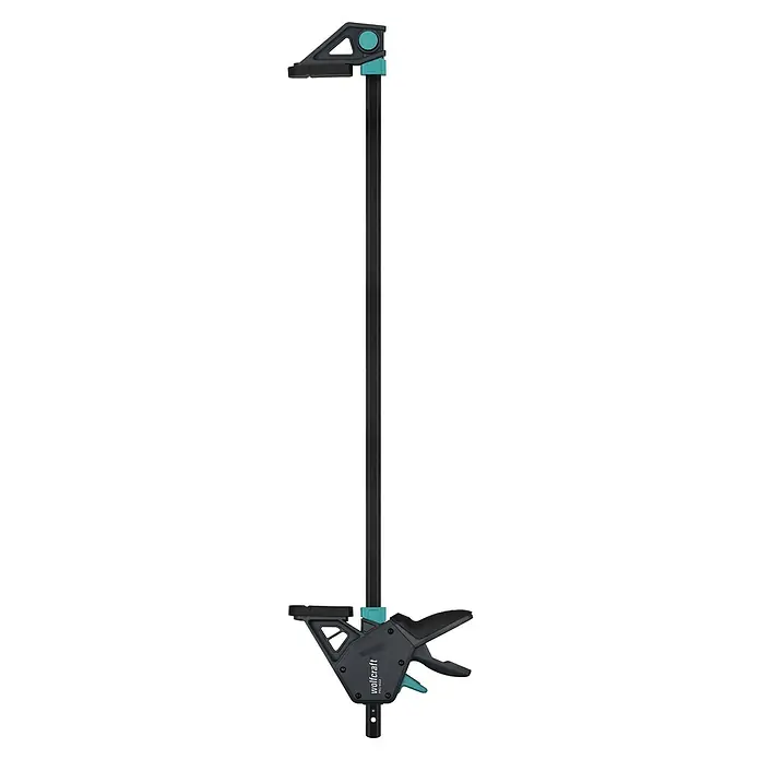 Wolfcraft Einhandzwinge Pro Max - Spannweite: 915 mm, Ausladung: 110 mm - Schwarze und dunkelgraue Wolfcraft PRO MAX Einhandzwinge mit türkisen Akzenten.