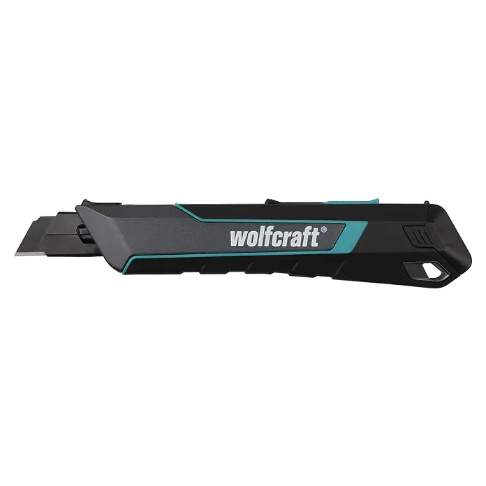 Wolfcraft Cuttermesser Pro Safety - Abbrechklinge, Klingenlänge: 18 mm - Wolfcraft Cuttermesser, schwarz mit türkisen Akzenten und einziehbarer Klinge.