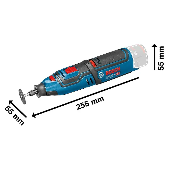 Bosch Professional Akku-Multifunktionswerkzeug GRO 12V-35 L-Boxx - 12 V, Ohne Akku - Bild einer Bosch Professional GRO 12V-35 mit Abmessungen, die die Länge, Höhe und den Scheibendurchmesser zeigen.
