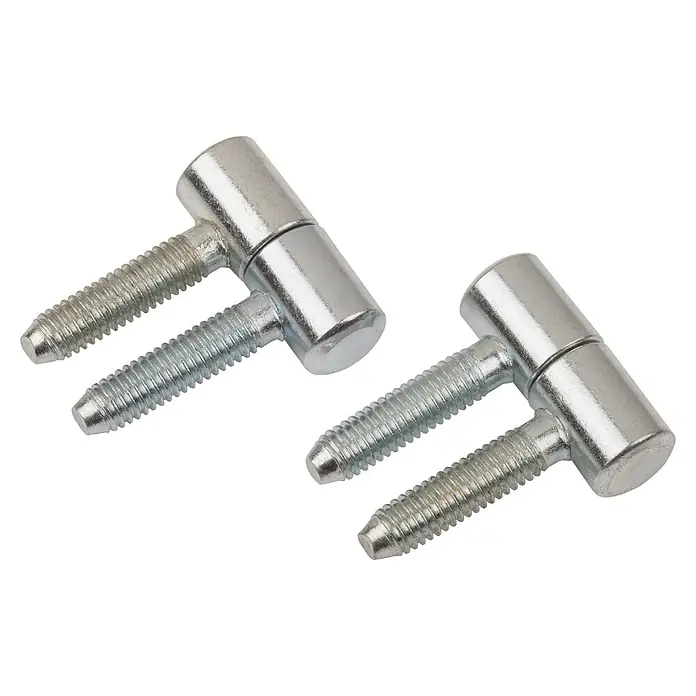 Stabilit EinbohrbandDurchmesser Rollen: 11 mm, Verzinkt, Geeignet für: Zimmertüren - Nahaufnahme von zwei Möbelscharnieren mit Gewinde, ideal für die Montage an Möbeln. Ihre glänzende Oberfläche sorgt für ein modernes Aussehen.