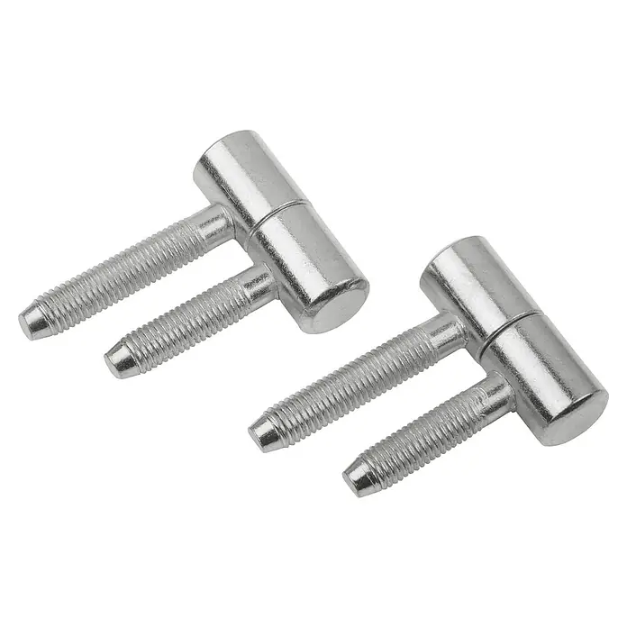 Stabilit EinbohrbandDurchmesser Rollen: 13 mm, Verzinkt, Geeignet für: Zimmertüren - Nahaufnahme von zwei Türbändern mit Schraubgewinde, ideal für die Montage und Befestigung von Türen.