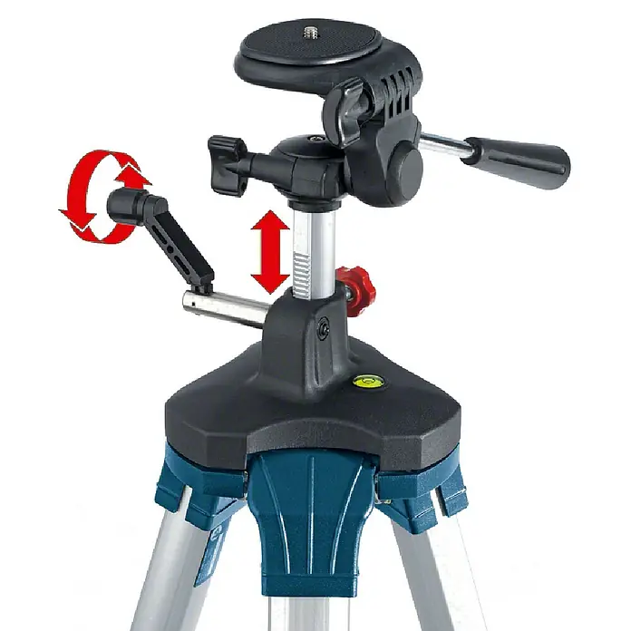 Bosch Professional Stativ BT 250 - Höhenverstellung: 97,5 cm - 250 cm, Stativ-Gewinde: ¼″ - Bild eines Nivellierstativs. Das Stativ ist ausziehbar und hat eine Kurbel für die Feineinstellung der Höhe.