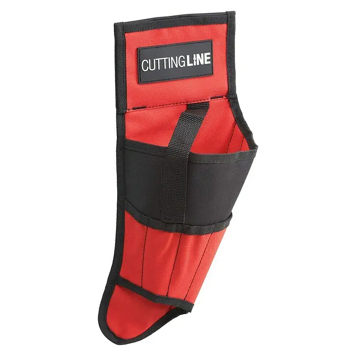 Soporte portaherramientas - Específico para: Taladros, Nylon - Una funda para herramientas roja y negra, etiquetada como "Cutting Line", perfecta para que los profesionales tengan sus herramientas accesibles en su cinturón.