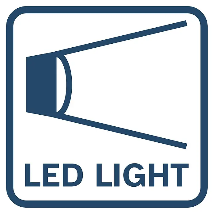 Bosch Professional Akku-Multifunktionswerkzeug GRO 12V-35 L-Boxx - 12 V, Ohne Akku - LED-Licht-Symbol. Darstellung einer LED-Leuchte mit fokussiertem Lichtstrahl in einem blauen Rahmen.