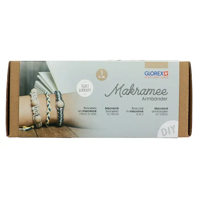 Glorex Bastel-Set Makramee Armbänder - Für 3 Makramee Armbänder - Eine Makramee-Armband-Bastelpackung mit drei verschiedenen Designs, ideal für DIY-Enthusiasten.