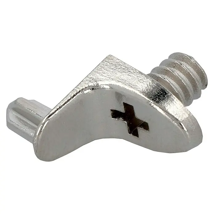 Suki Bodenträger - B x H: 10 x 15,5 mm - Nahaufnahme einer glänzenden, silberfarbenen Möbelverbindungsschraube mit Kreuzschlitzkopf und Gewinde.