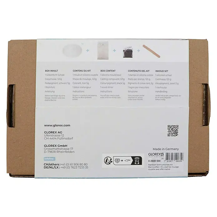 Glorex Bastel-Set Giess-Set Schale - 1 Stk., Marmoreffekt - Box mit einer Bastelset Schmuckschale mit Marmoreffekt, inklusive Silikonform, Gießmasse, Farbpigment und Ruhrholz für kreative Projekte.