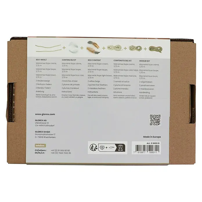 Glorex Bastel-Set Makramee Wandschmuck - Beige/Braun - Abbildung der Inhaltsangabe und des Produkts Macramé Set, mit Hinweisen zu benötigten Materialien und Kontaktdaten des Herstellers.